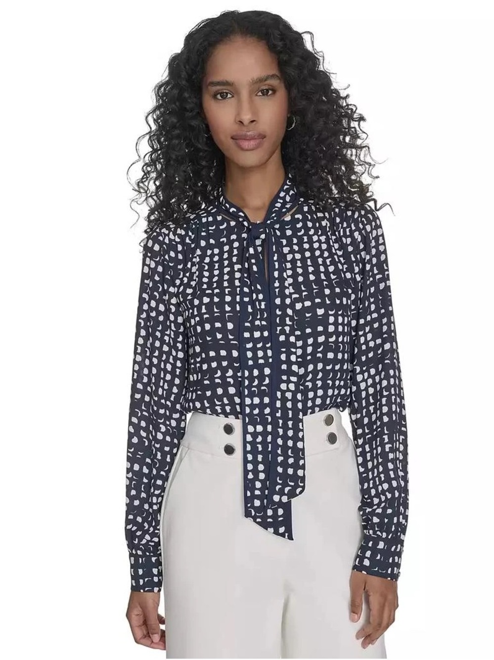 Calvin Klein Women’s Petite Printed Long Sleeve Tie-Neck Blouse